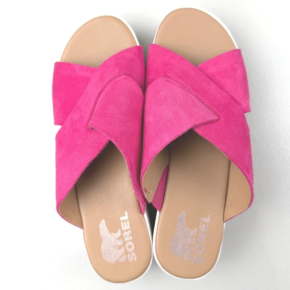 Sorel Cameron Flatform Slide Sandals Fuchsia Pink Suede NL4978-650 Womens 8